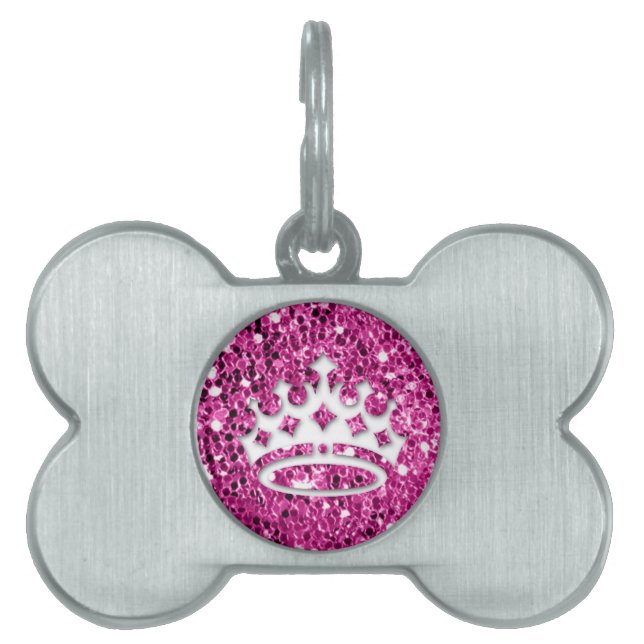 Girly Princess Crown on Pink Glitter Kijk Huisdieren Naamplaatje (voorkant)