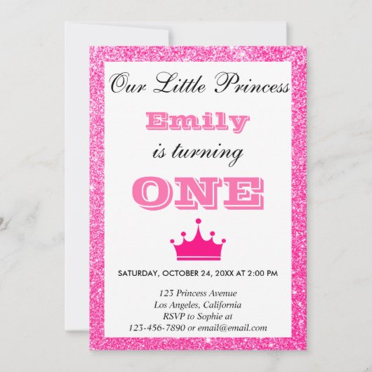 Girly Princess Hot Pink Glitter First Birthday One Kaart (Voorkant)