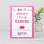 Girly Princess Hot Pink Glitter First Birthday One Kaart (Staand voorkant)
