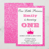 Girly Princess Hot Pink Glitter First Birthday One Kaart (Voorkant / Achterkant)