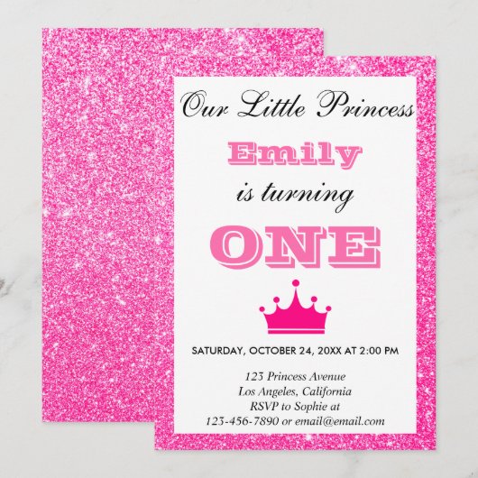 Girly Princess Hot Pink Glitter First Birthday One Kaart (Voorkant / Achterkant)