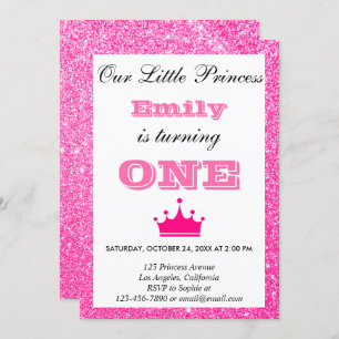 Girly Princess Hot Pink Glitter First Birthday One Kaart