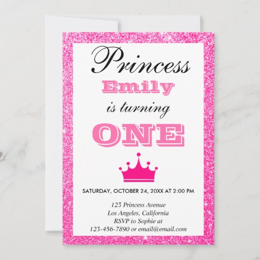 Girly Princess Hot Pink Glitter First Birthday One Kaart (Voorkant)