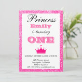 Girly Princess Hot Pink Glitter First Birthday One Kaart (Staand voorkant)
