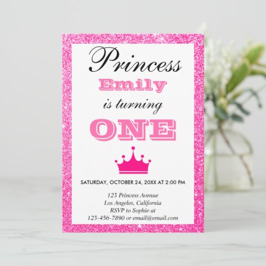 Girly Princess Hot Pink Glitter First Birthday One Kaart (Staand voorkant)