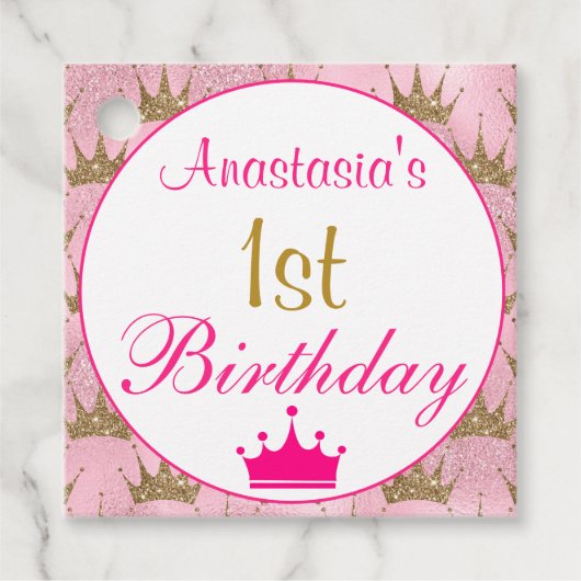 Girly Princess Hot Pink Gold Glitter 1e verjaardag Bedankjes Labels (Voorkant)