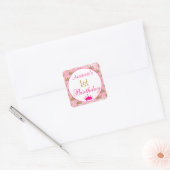 Girly Princess Hot Pink Gold Glitter 1e verjaardag Vierkante Sticker (Envelop)