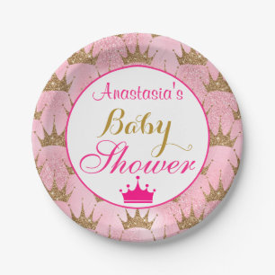 Girly Princess Hot Pink & Gold Glitter Baby shower Papieren Bordje