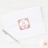 Girly Princess Pink en Gold Glitter 1e verjaardag Vierkante Sticker (Envelop)