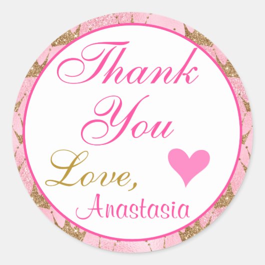 Girly Princess Pink en Gold Glitter Hartelijk dank Ronde Sticker (Voorkant)