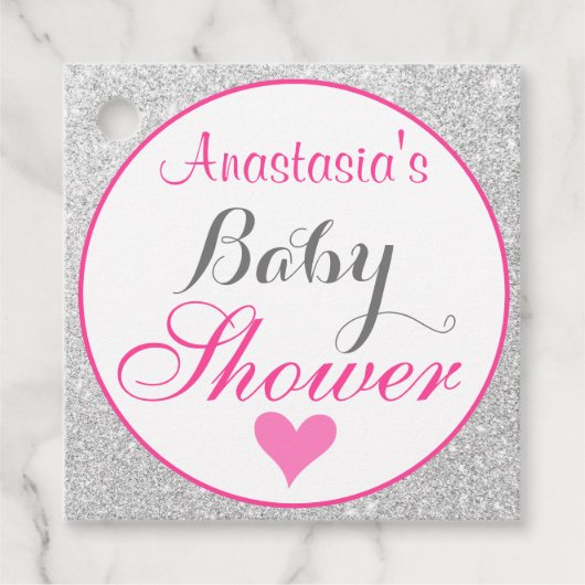 Girly Princess Pink en Silver Glitter Baby shower Bedankjes Labels (Voorkant)