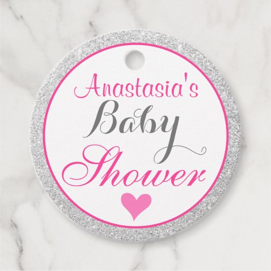 Girly Princess Pink en Silver Glitter Baby shower Bedankjes Labels (Voorkant)
