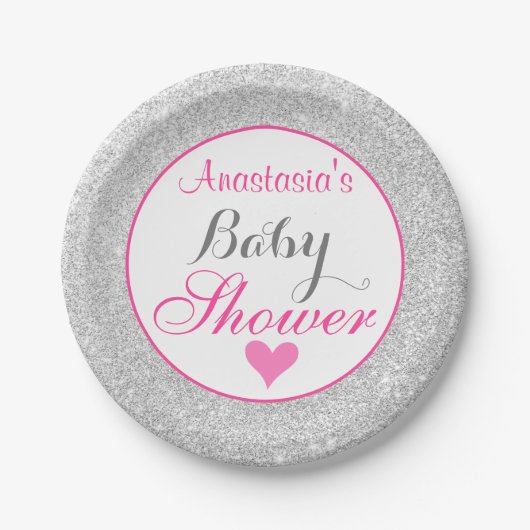 Girly Princess Pink en Silver Glitter Baby shower Papieren Bordje (Voorkant)