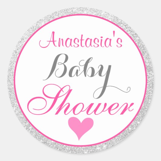 Girly Princess Pink en Silver Glitter Baby shower Ronde Sticker (Voorkant)