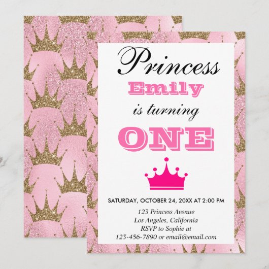 Girly Princess Pink & Gold Glitter First Birthday Kaart (Voorkant / Achterkant)