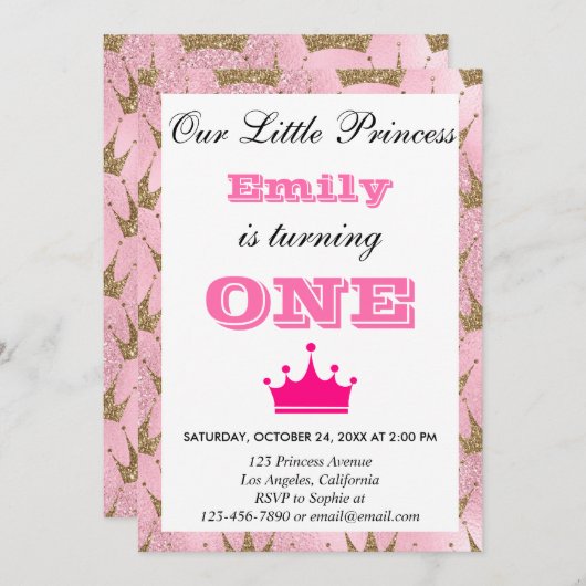 Girly Princess Pink & Gold Glitter First Birthday Kaart (Voorkant / Achterkant)
