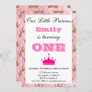 Girly Princess Pink & Gold Glitter First Birthday Kaart