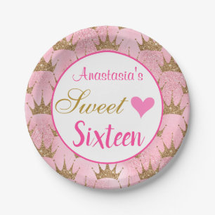 Girly Princess Pink Gold Glitter Sweet Sixteen 16 Papieren Bordje
