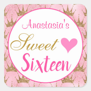 Girly Princess Pink Gold Glitter Sweet Zestien Vierkante Sticker
