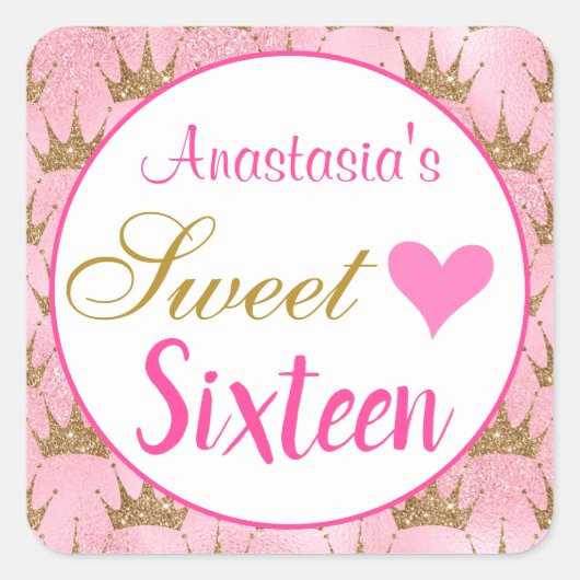 Girly Princess Pink Gold Glitter Sweet Zestien Vierkante Sticker (Voorkant)