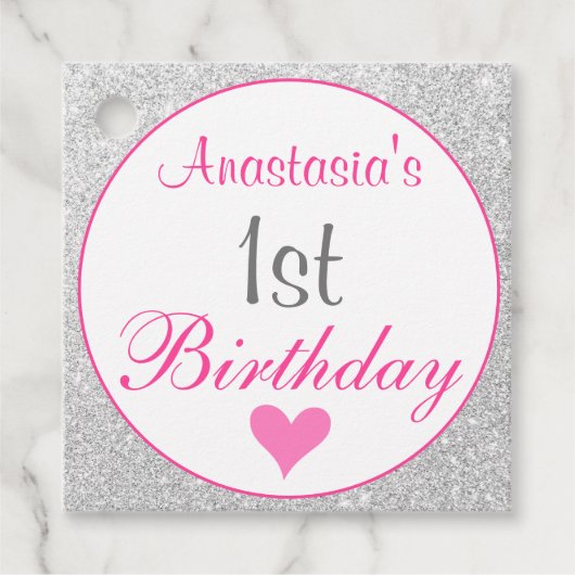 Girly Princess Pink & Silver Glitter 1e verjaardag Bedankjes Labels (Voorkant)