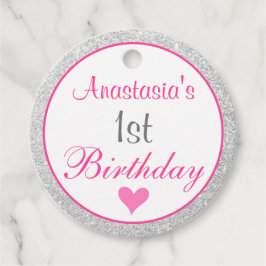 Girly Princess Pink & Silver Glitter 1e verjaardag Bedankjes Labels