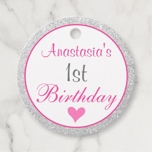 Girly Princess Pink & Silver Glitter 1e verjaardag Bedankjes Labels (Voorkant)
