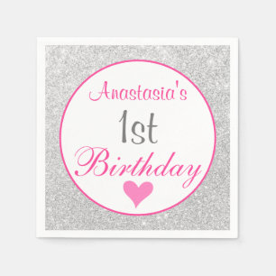Girly Princess Pink & Silver Glitter 1e verjaardag Servet