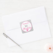 Girly Princess Pink & Silver Glitter 1e verjaardag Vierkante Sticker (Envelop)
