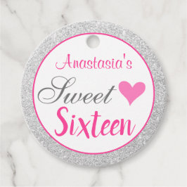 Girly Princess Pink & Silver Glitter Sweet Sixteen Bedankjes Labels