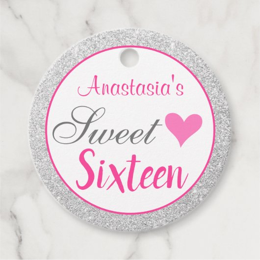 Girly Princess Pink & Silver Glitter Sweet Sixteen Bedankjes Labels (Voorkant)