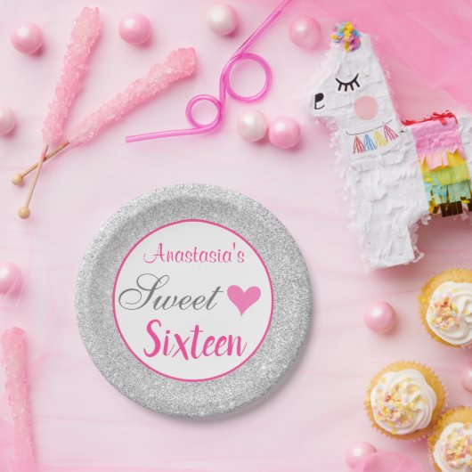 Girly Princess Pink & Silver Glitter Sweet Sixteen Papieren Bordje (Feest)