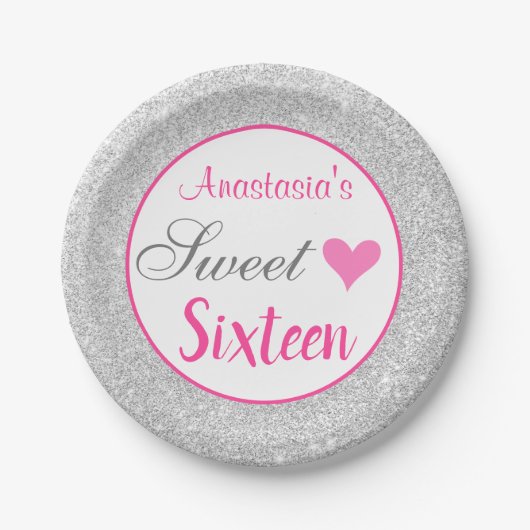 Girly Princess Pink & Silver Glitter Sweet Sixteen Papieren Bordje (Voorkant)