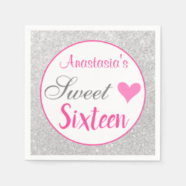 Girly Princess Pink & Silver Glitter Sweet Sixteen Servet