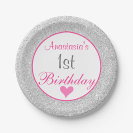 Girly Princess Roze & Zilver Glitter 1e Verjaardag Papieren Bordje