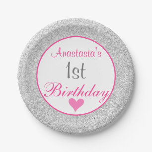 Girly Princess Roze & Zilver Glitter 1e Verjaardag Papieren Bordje