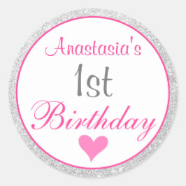 Girly Princess Roze & Zilver Glitter 1e Verjaardag Ronde Sticker