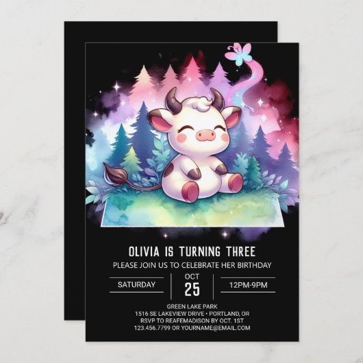 Girly Printable Koe Verjaardag Kaart (Voorkant / Achterkant)