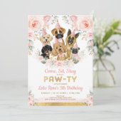 Girly Puppy Dog Birthday Party Blush Pink Flowers Kaart (Staand voorkant)