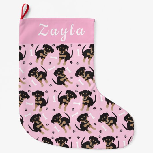 Girly Puppy Pattern Pink Grote Kerstsok (Voorkant)