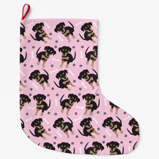 Girly Puppy Pattern Pink Grote Kerstsok (Voorkant)