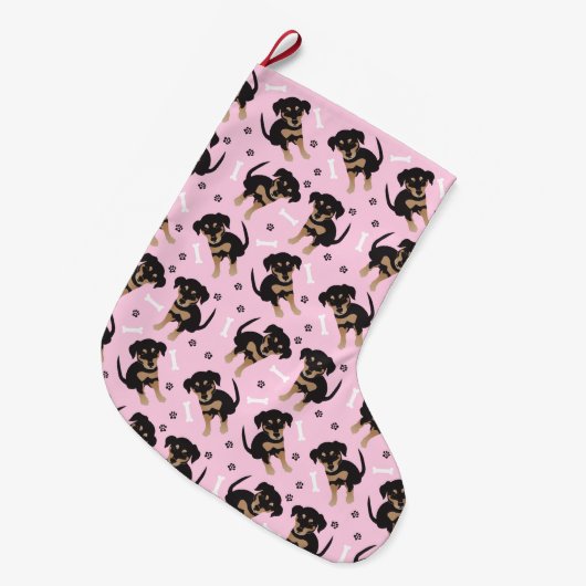 Girly Puppy Pattern Pink Grote Kerstsok (Voorkant (Hangend))