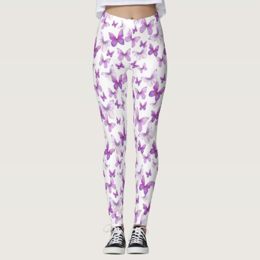 Girly purple butterfly whimsical patterned leggings (Voorkant)