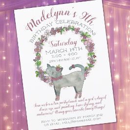 Girly Purple Flowers met Cute Cat Birthday Kaart