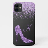 Girly Purple Glitter Shoe Script Monogram Black Case-Mate iPhone Case (Achterkant)