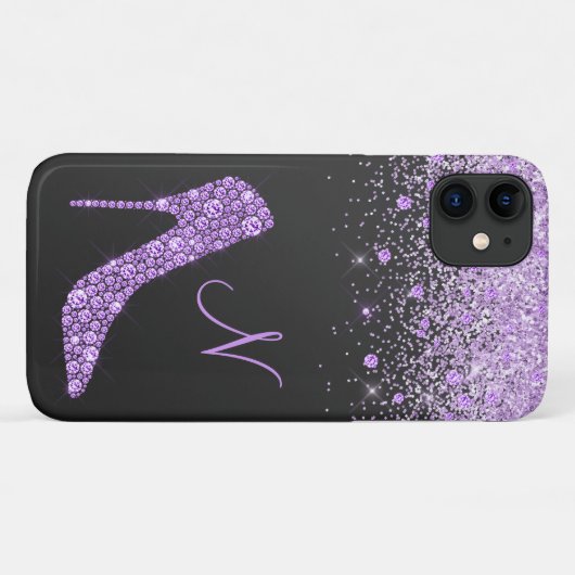 Girly Purple Glitter Shoe Script Monogram Black Case-Mate iPhone Case (Achterkant (horizontaal))