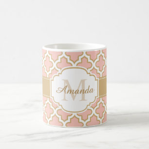 Girly Quatrefoil Moroccan Pink Coral Monogram Koffiemok