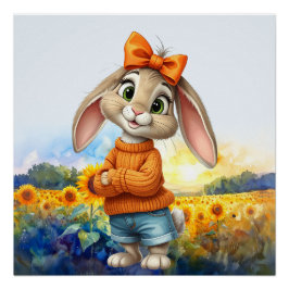 Girly rabbit sunflower field  perfect poster