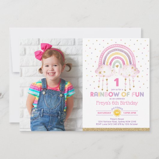 Girly Rainbow Clouds Confetti Pink Gold Birthday Kaart (Voorkant)