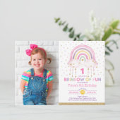 Girly Rainbow Clouds Confetti Pink Gold Birthday Kaart (Staand voorkant)